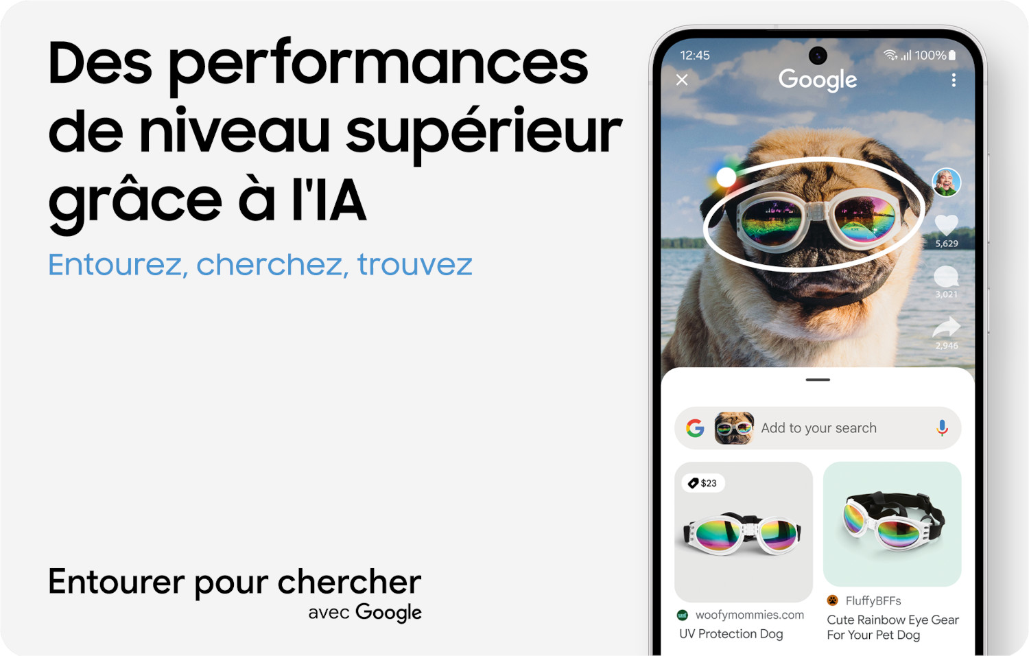 Un téléphone affiche un résultat de recherche Google. Le fond est un carlin portant des lunettes de soleil arc-en-ciel.