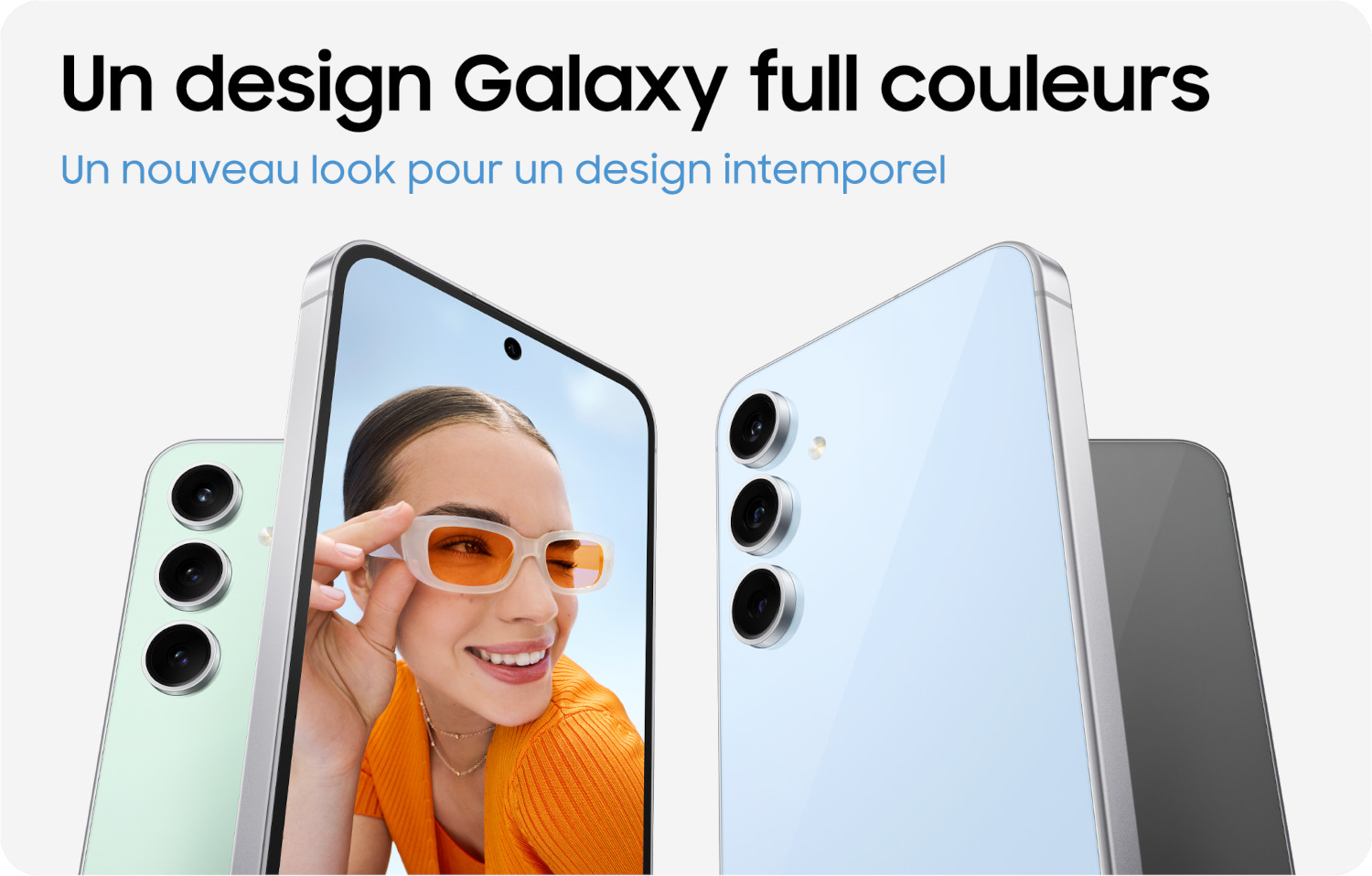 Trois smartphones, deux verts, un bleu. Une femme porte des lunettes de soleil oranges.