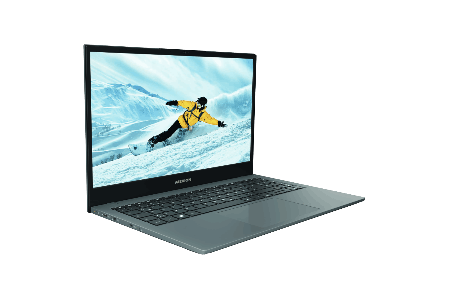 Ordenador portátil con una pantalla que muestra a un snowboarder. El portátil está sobre un fondo negro, inclinado a la derecha.