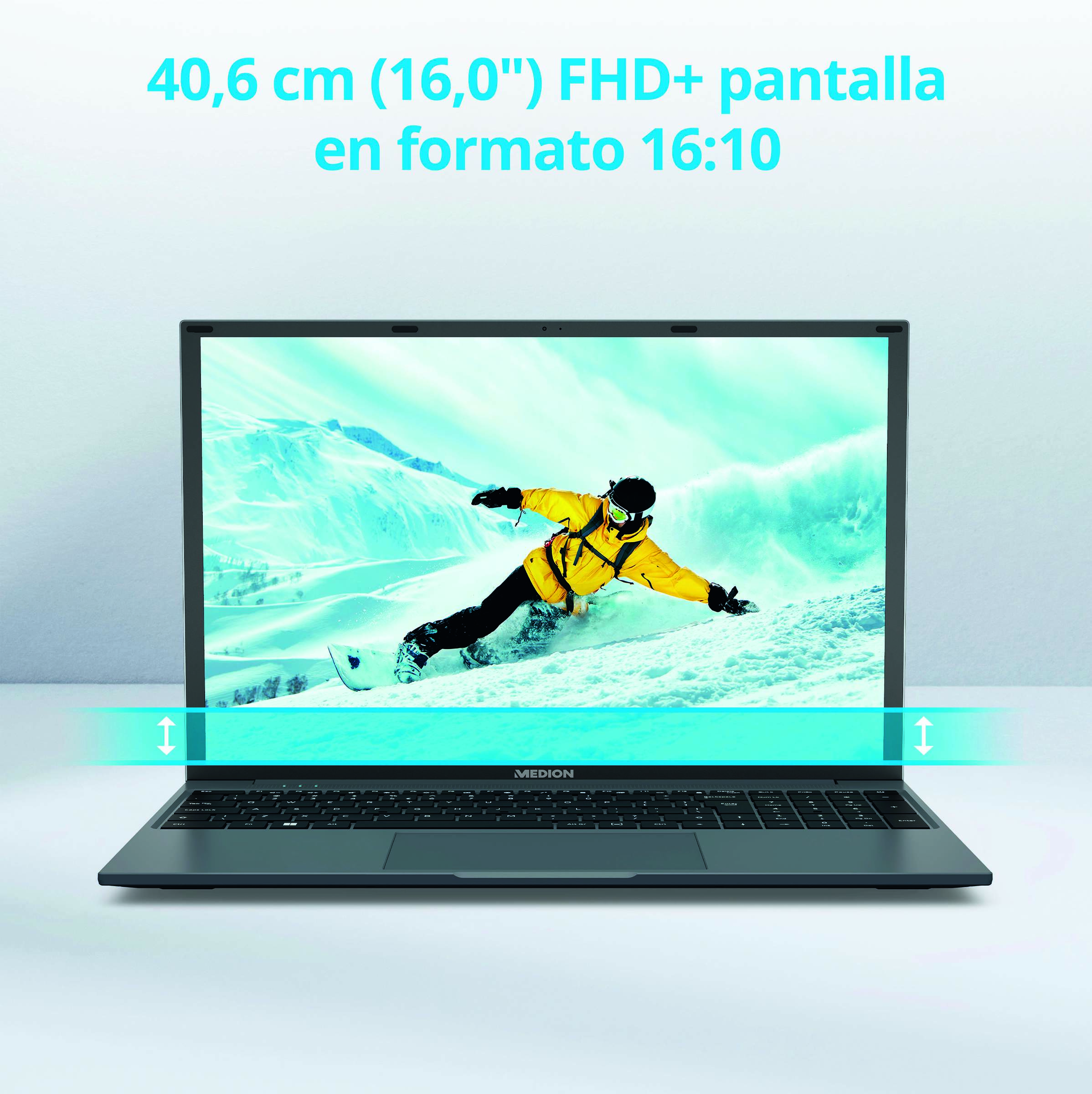 Portátil con un snowboarder en pantalla, en formato 16:10.