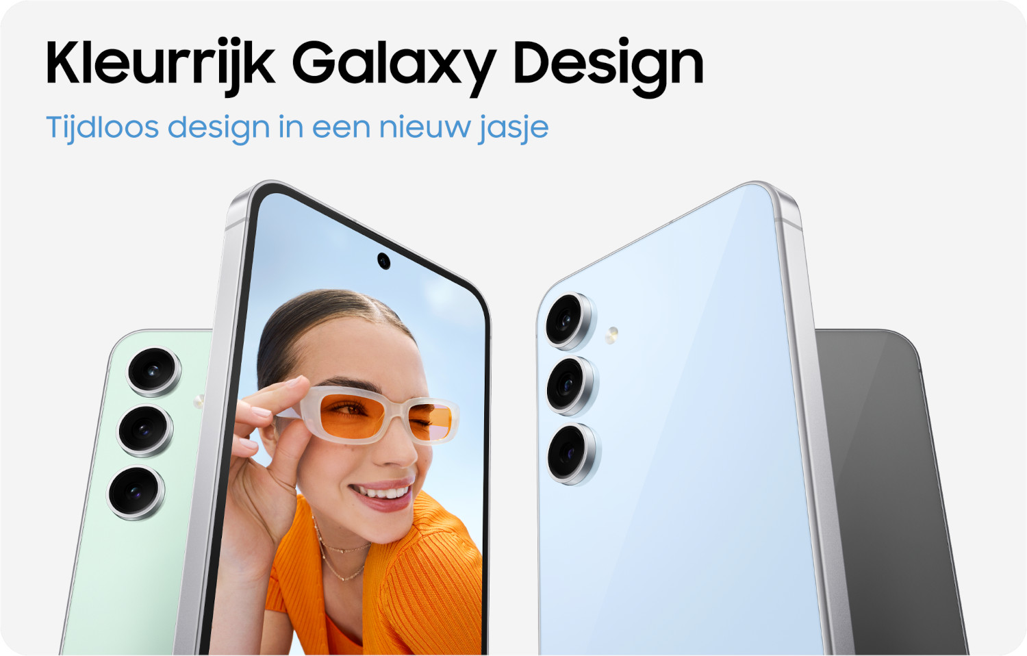 Three smartphones with a woman's face on one, text about Galaxy design.