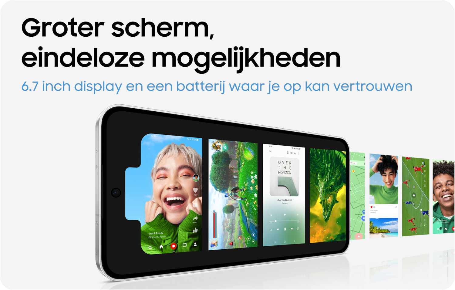 Phone with multiple app displays, text: "Bigger screen, endless possibilities".