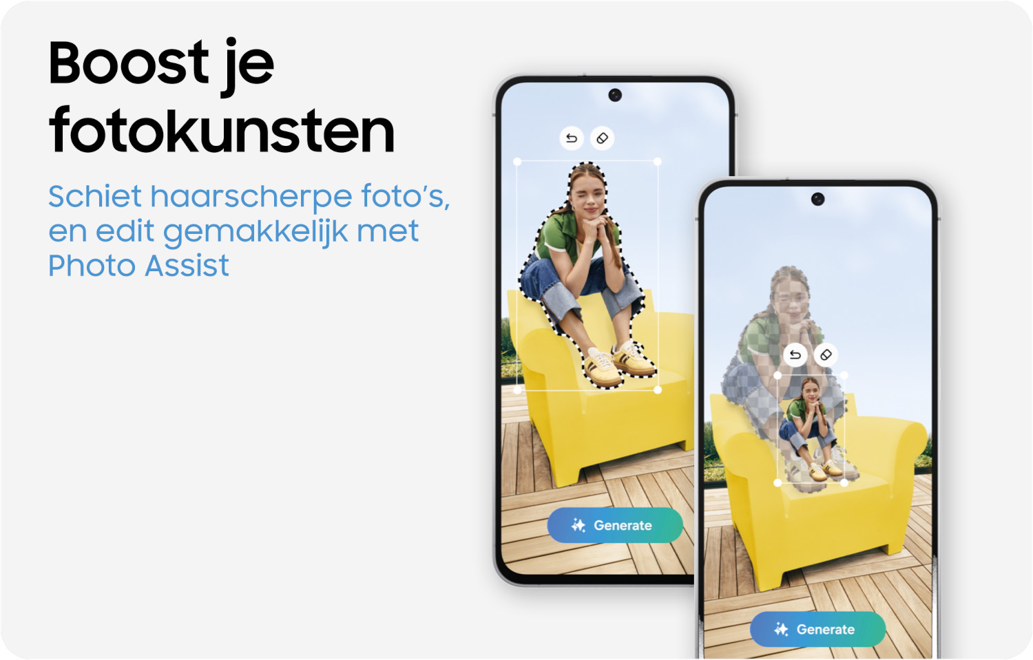 Two phones show a girl on a yellow chair being edited using photo assist. The text says, 'Boost your photo art'.