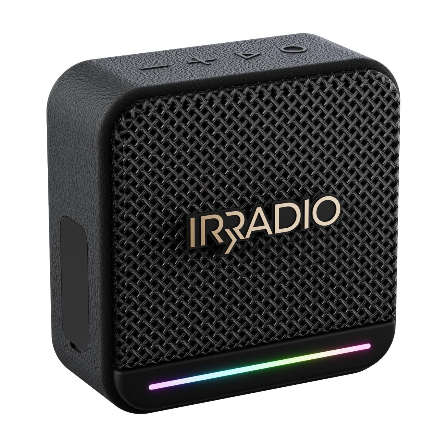 Un altoparlante nero con una griglia frontale e luce colorata in basso. Il marchio è Irradio.