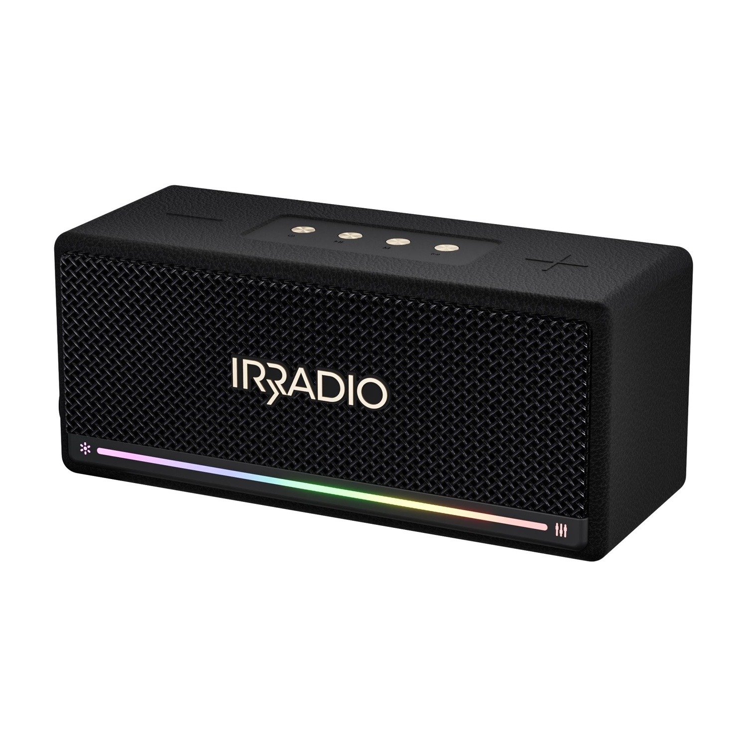 Altoparlante rettangolare nero con logo Irradio. Una striscia luminosa colorata si trova in basso.