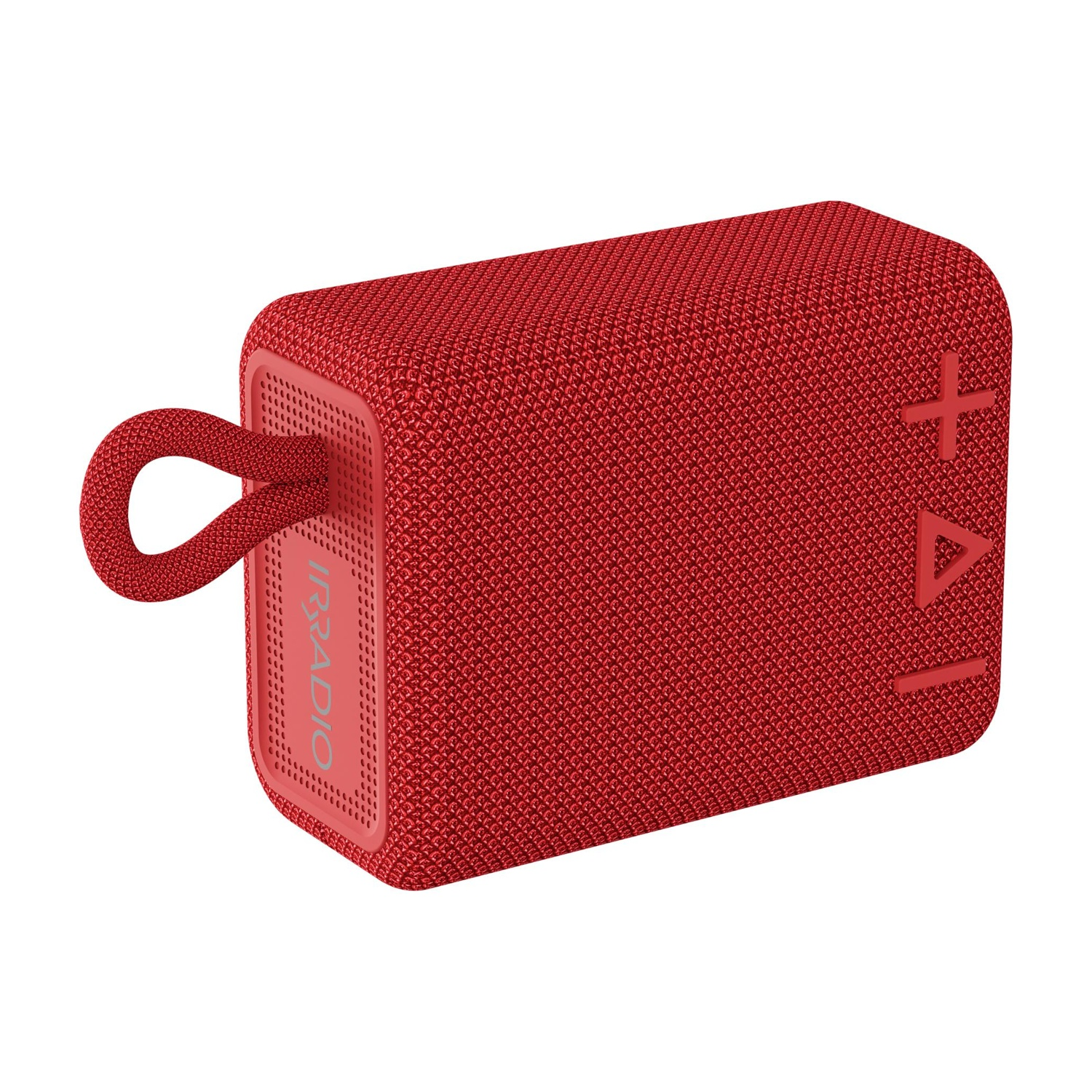 Altoparlante iRradio rosso, rettangolare, con manico ad anello e segno di controllo del volume.