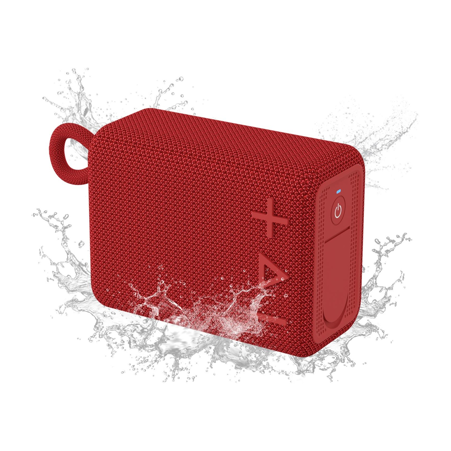Altoparlante rosso. Schizzi d'acqua attorno all'altoparlante, su sfondo bianco.