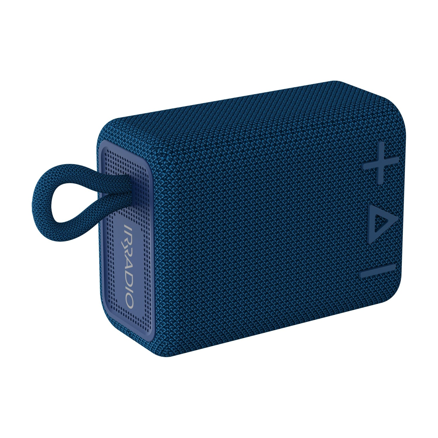Un altoparlante radio IR portatile blu con un'asola.