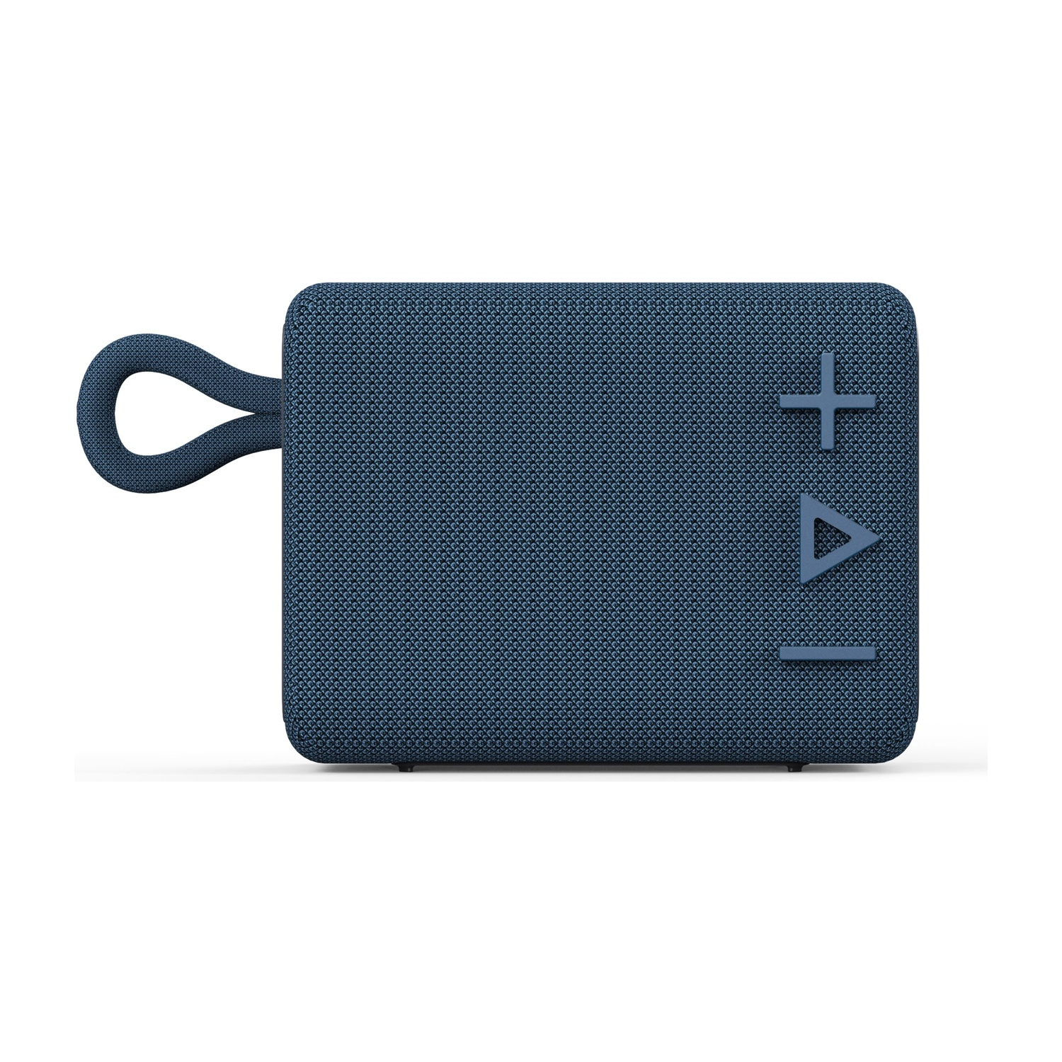 Un piccolo altoparlante portatile rettangolare blu con un anello e comandi più/triangolo.