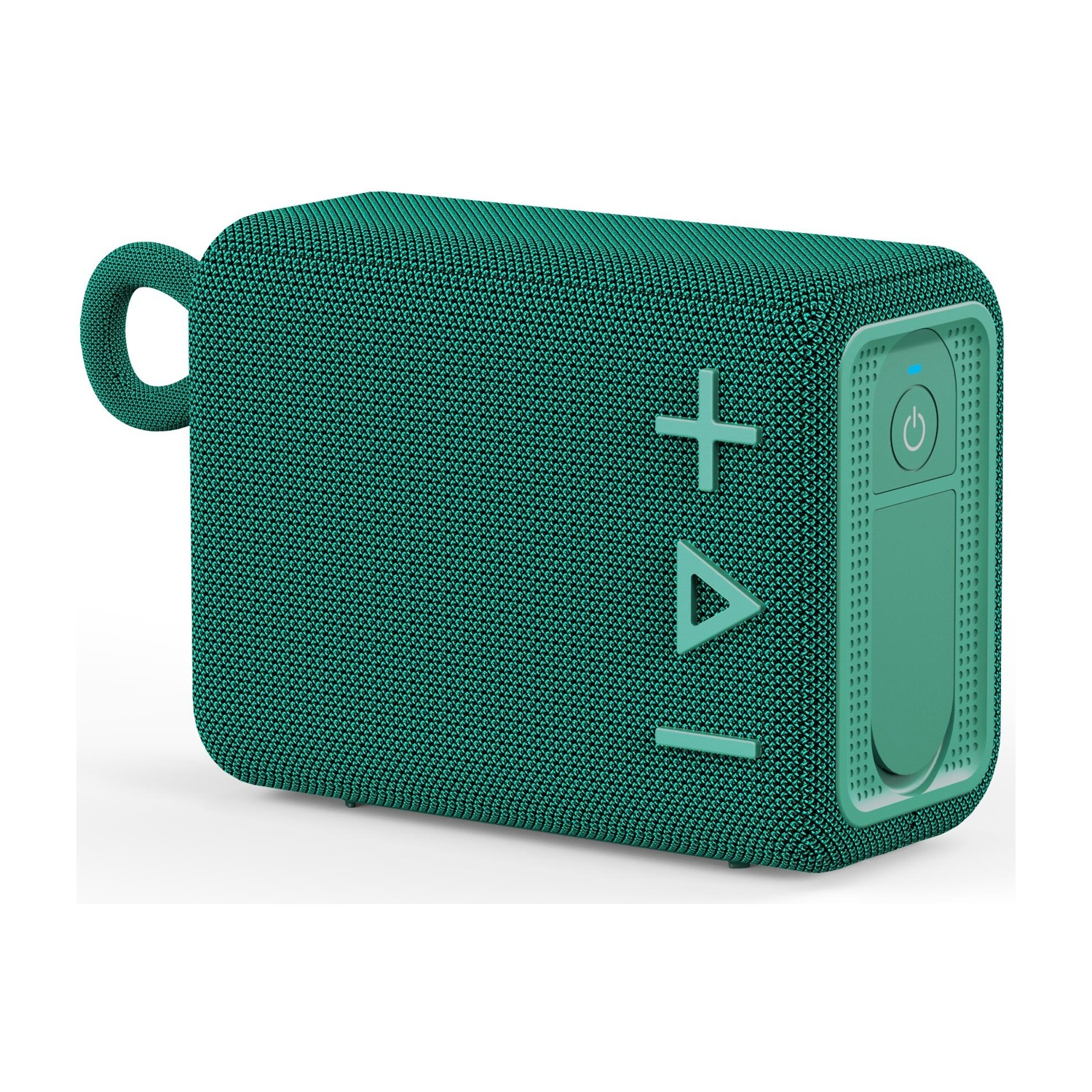 Altoparlante rettangolare verde acqua con anello. Ha simboli + e Δ e un pulsante di accensione.