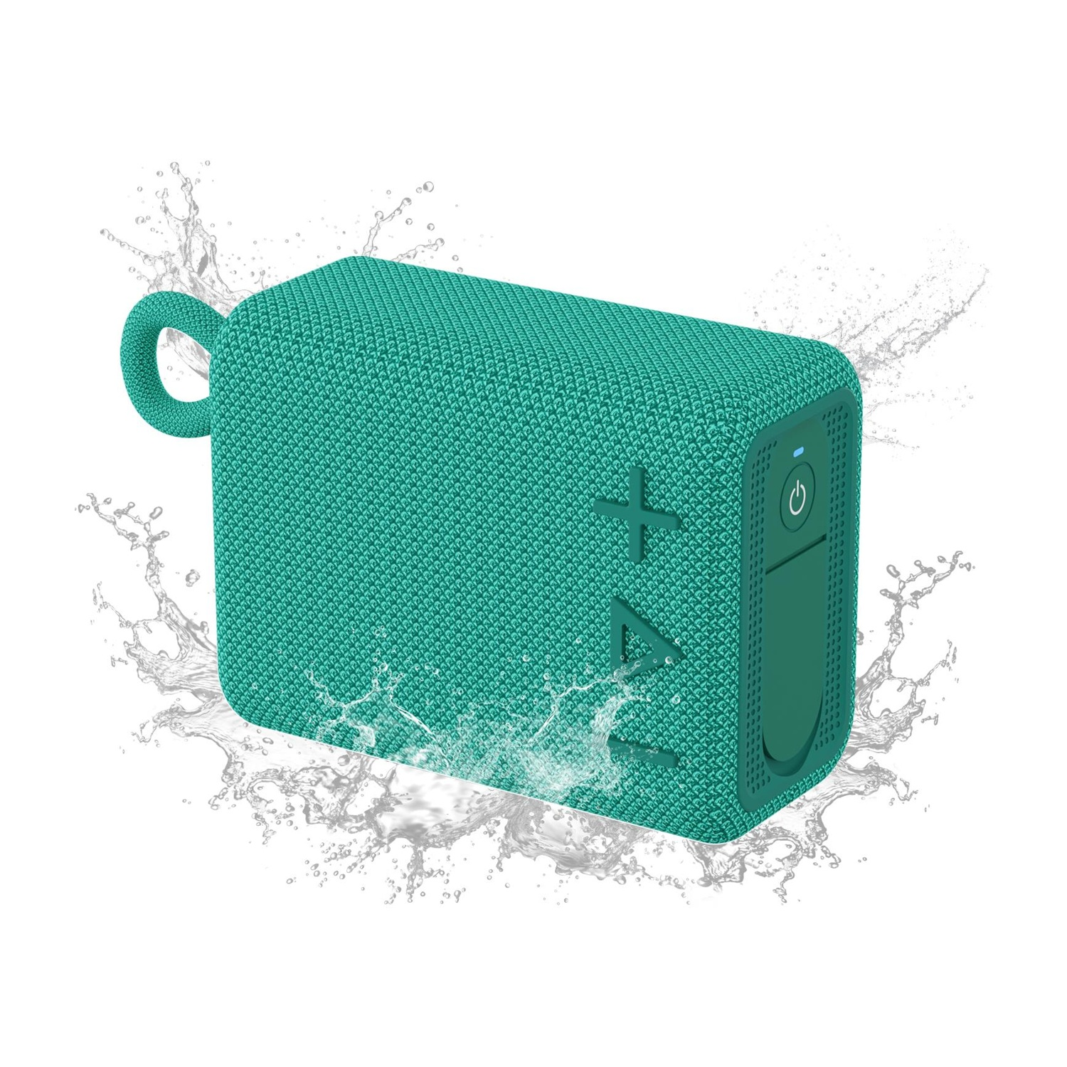 Altoparlante rettangolare turchese con anello. Spruzzi d'acqua attorno all'altoparlante su sfondo bianco.