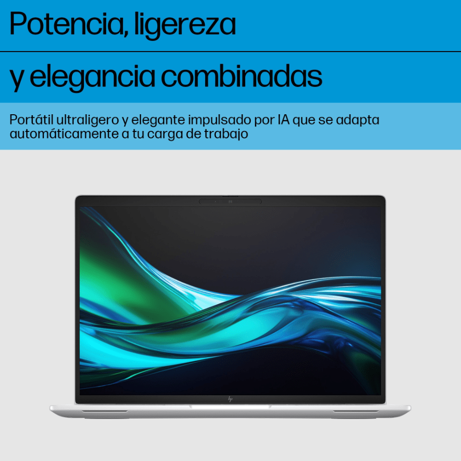 Un portátil plateado con pantalla oscura sobre una superficie gris claro. Texto describe sus características.