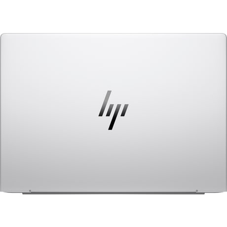 Parte trasera de un portátil plateado con el logotipo de HP centrado en la tapa.