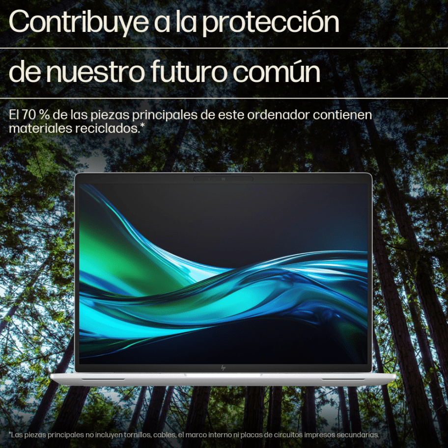 Un portátil con una pantalla que muestra un gráfico verde y azul, con un bosque en el fondo.