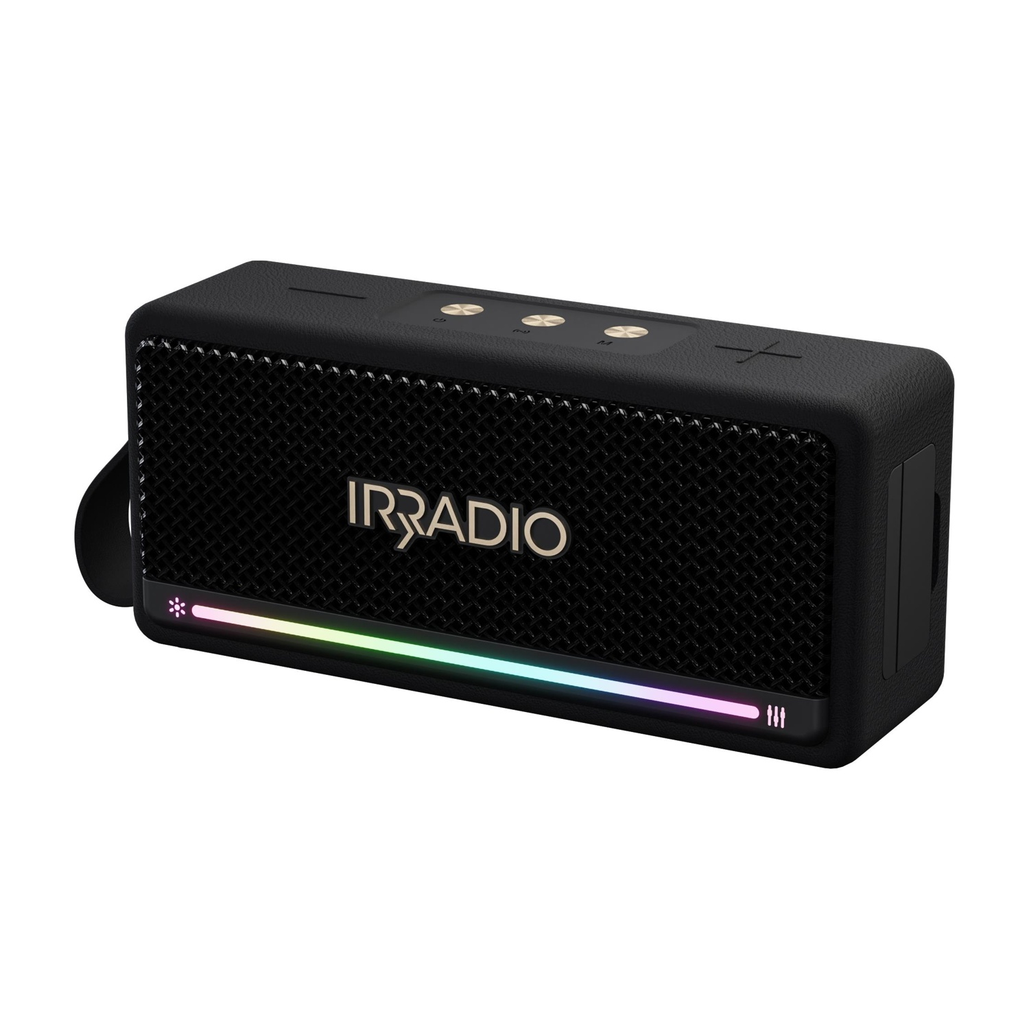 Altoparlante rettangolare nero con scritte dorate. Ha una barra luminosa a LED colorata in basso.
