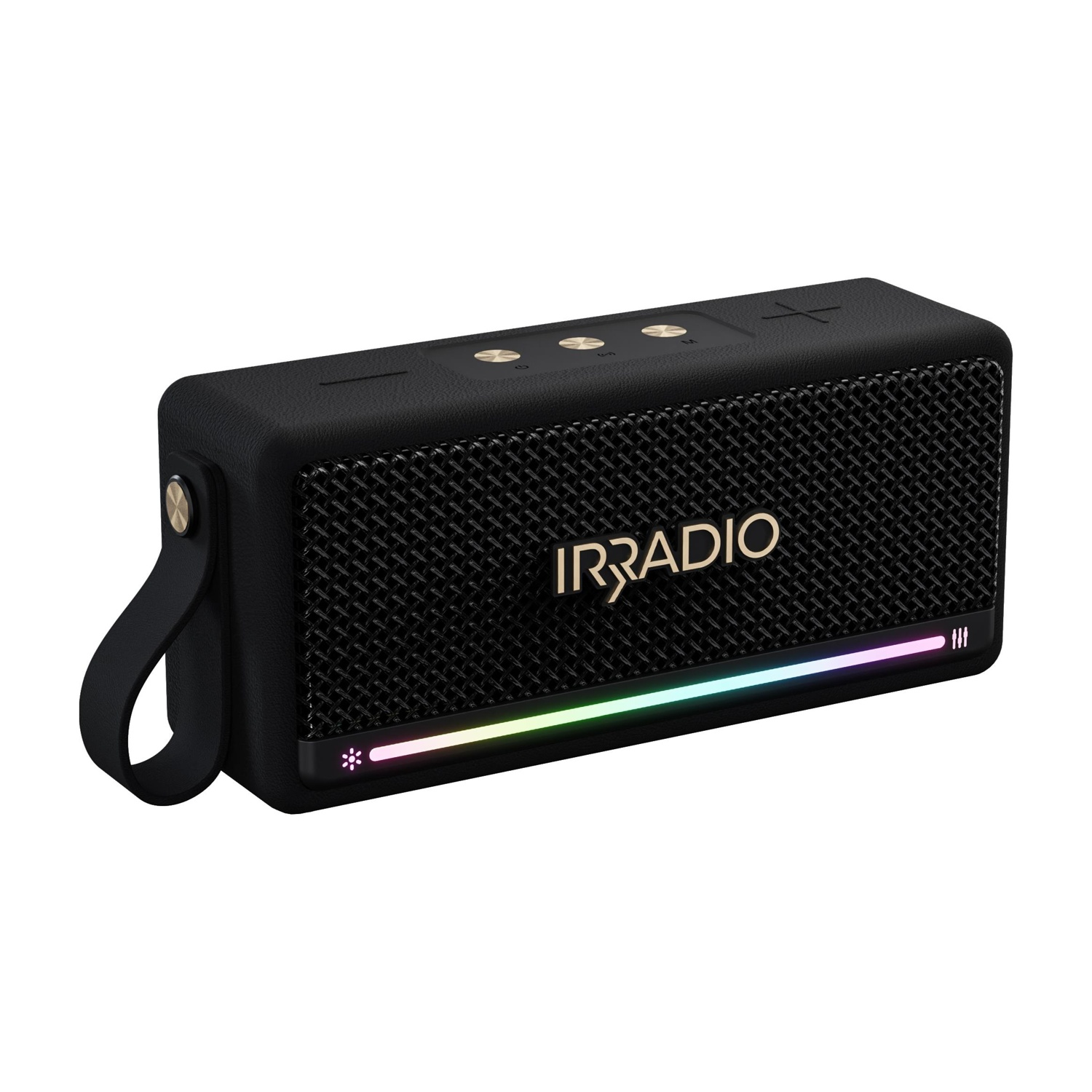 Altoparlante portatile nero con logo dorato e barra luminosa colorata, su sfondo bianco.