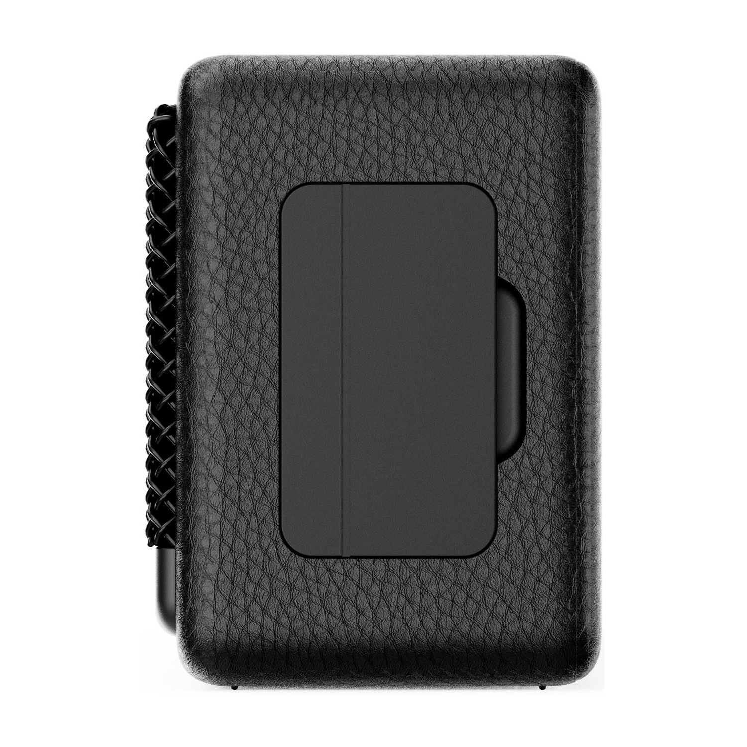 Una custodia in pelle nera, forse per un telefono o dispositivo, con un cinturino intrecciato.