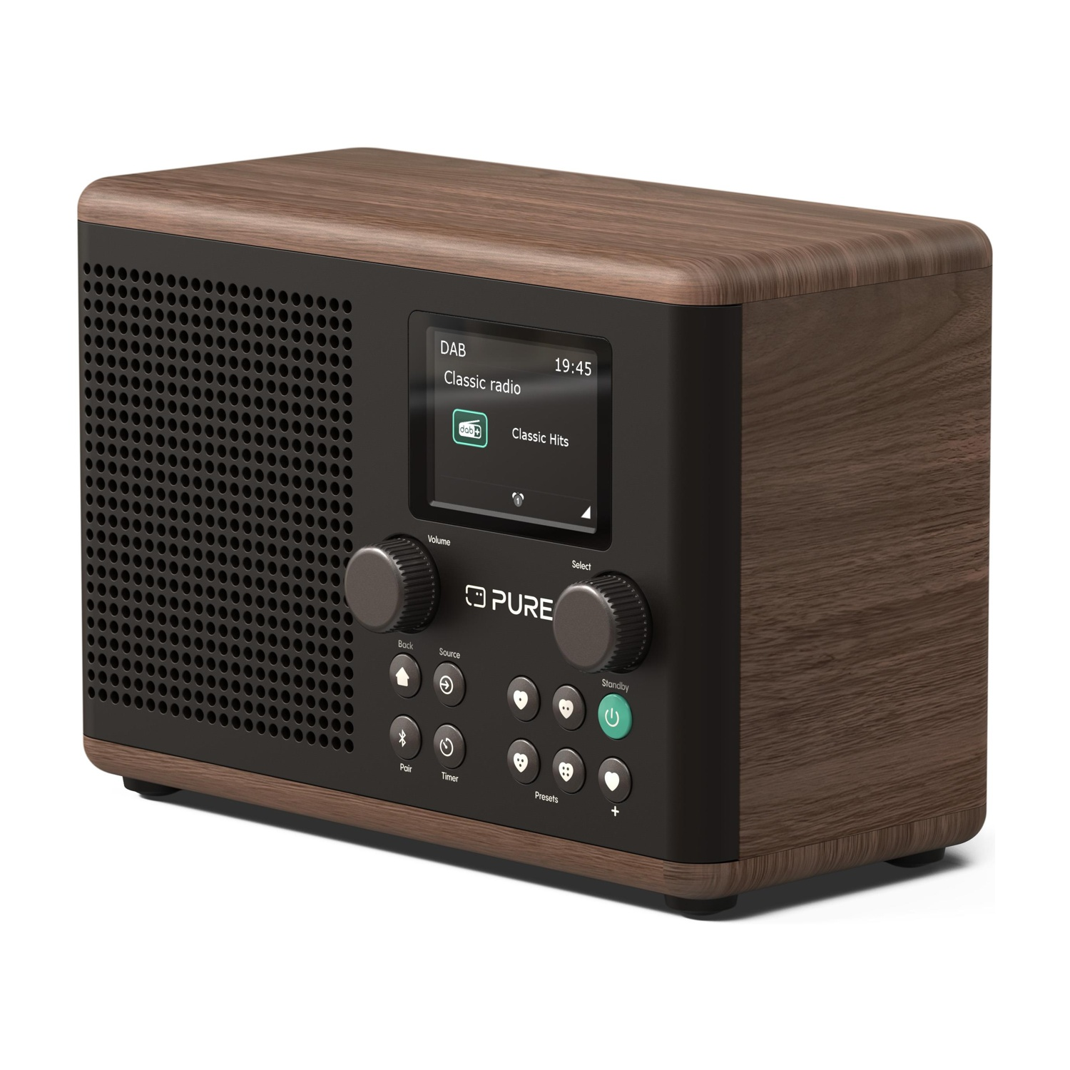 Una radio in legno con pannello frontale nero mostra informazioni radio DAB. Ha pulsanti e manopole.