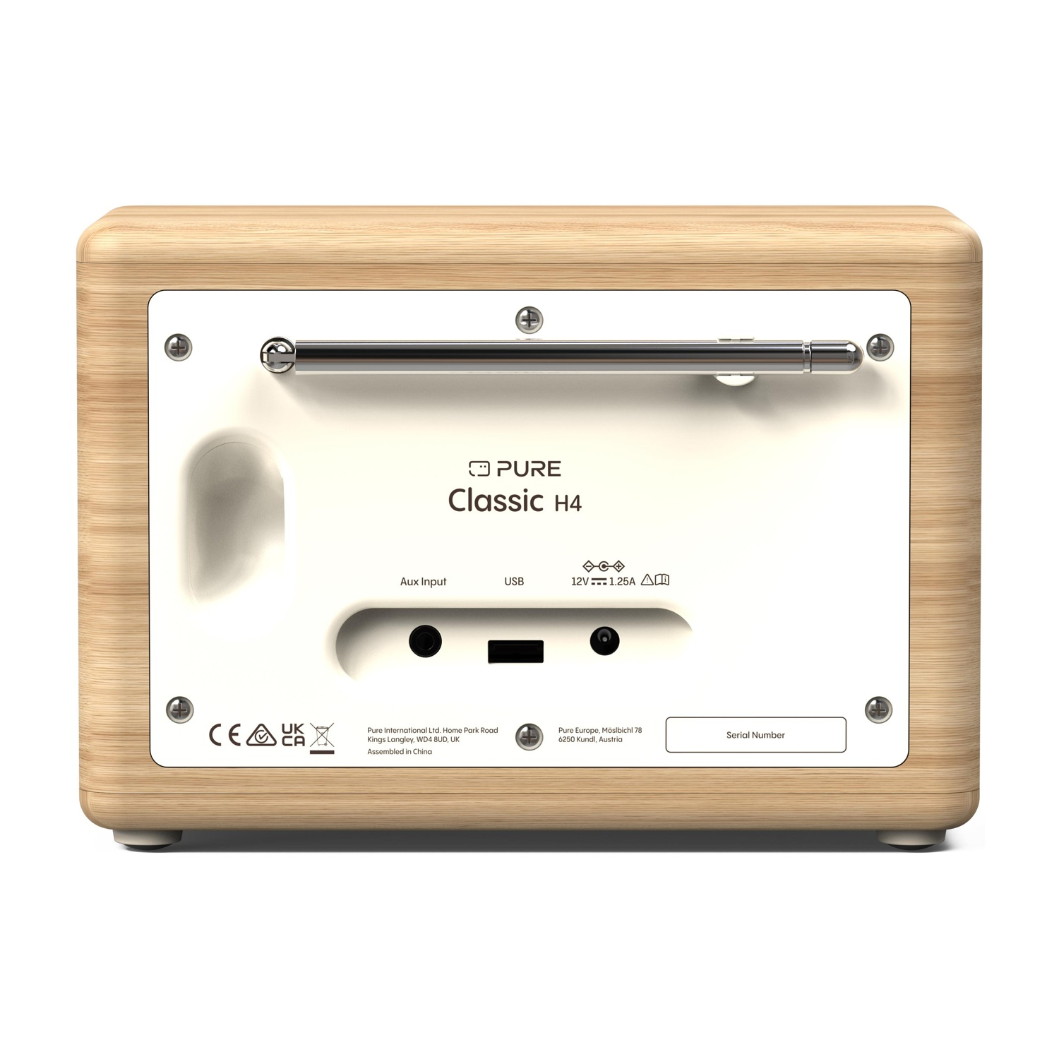 Radio in legno con retro bianco. Ha ingresso aux, USB e altre porte.