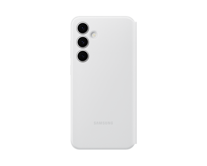 Funda blanca para teléfono con tres lentes de cámara. El logotipo de Samsung está en la parte inferior.