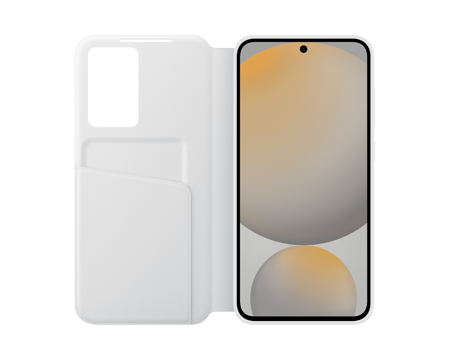 Funda de teléfono blanca abierta con un teléfono inteligente dentro. La pantalla muestra un fondo borroso.
