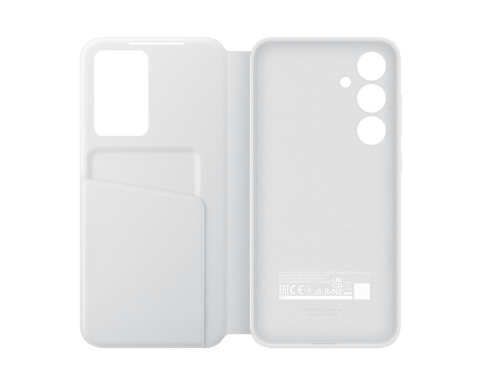 Funda de teléfono blanca abierta con ranura para tarjeta y teléfono dentro.