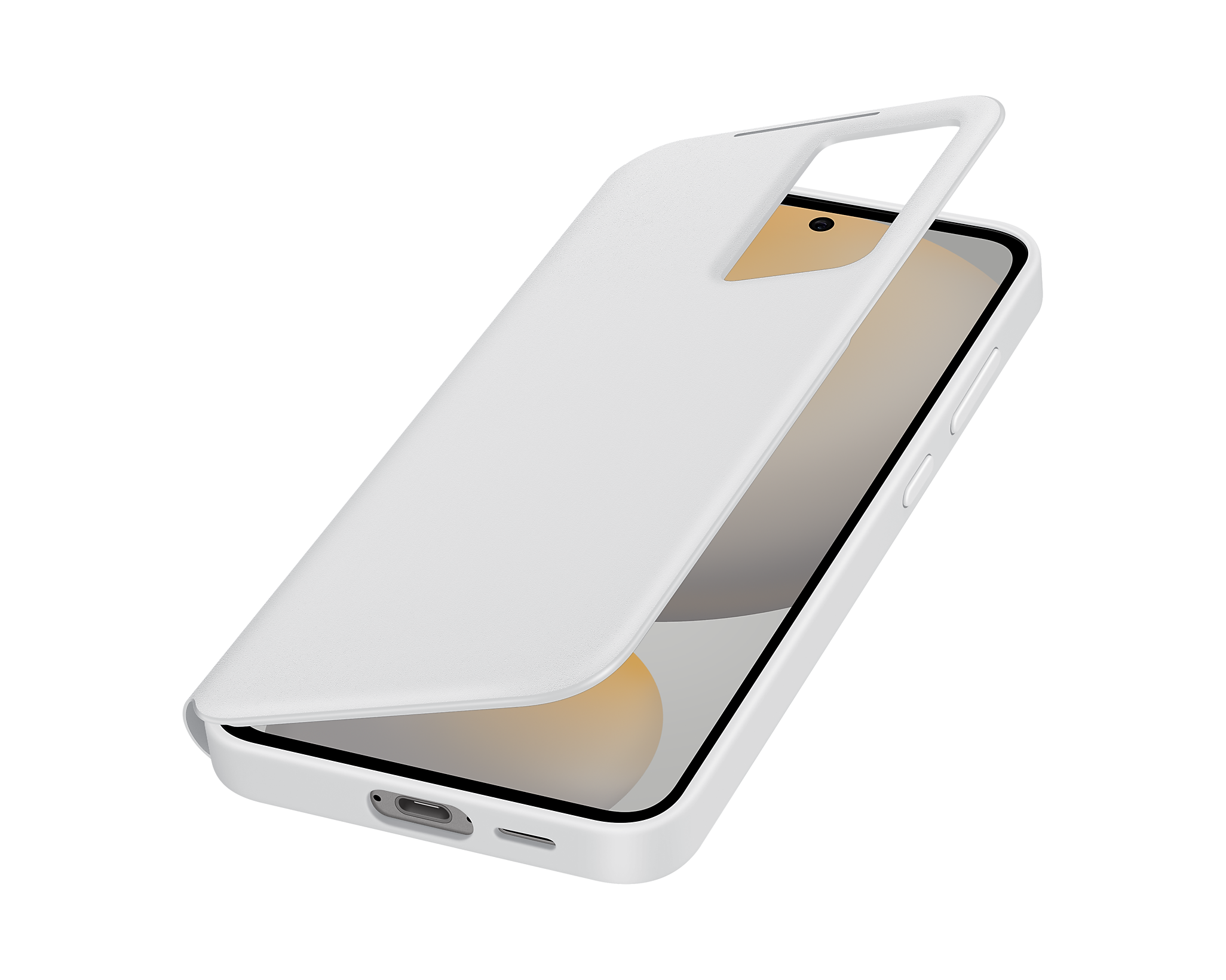 Una funda blanca de teléfono con la parte superior parcialmente abierta, mostrando el teléfono.