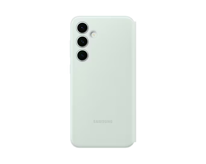 Vista trasera de un teléfono Samsung verde menta con 3 cámaras. Fondo negro, logo blanco.