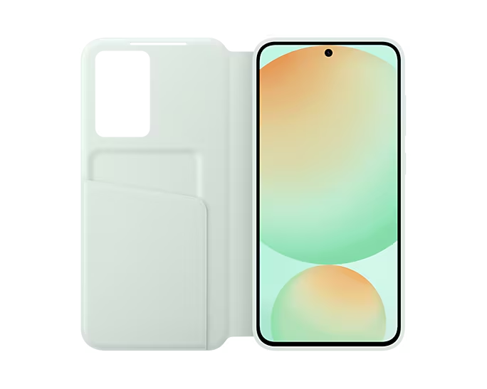 Una funda de teléfono blanca con un teléfono dentro, mostrando su pantalla.