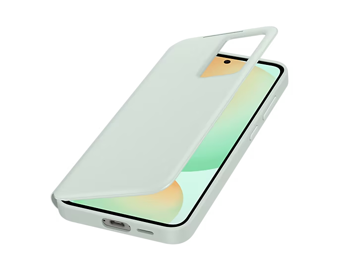 Una funda de teléfono verde claro, abierta, que revela un teléfono, sobre fondo verde oscuro.