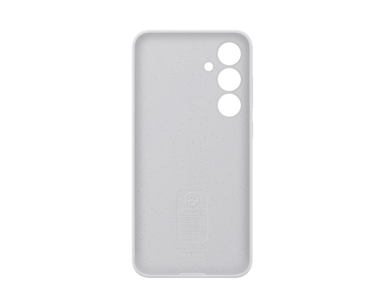 Cubierta trasera de la funda del teléfono. Gris claro con motas, tres recortes de cámara y logo abajo.