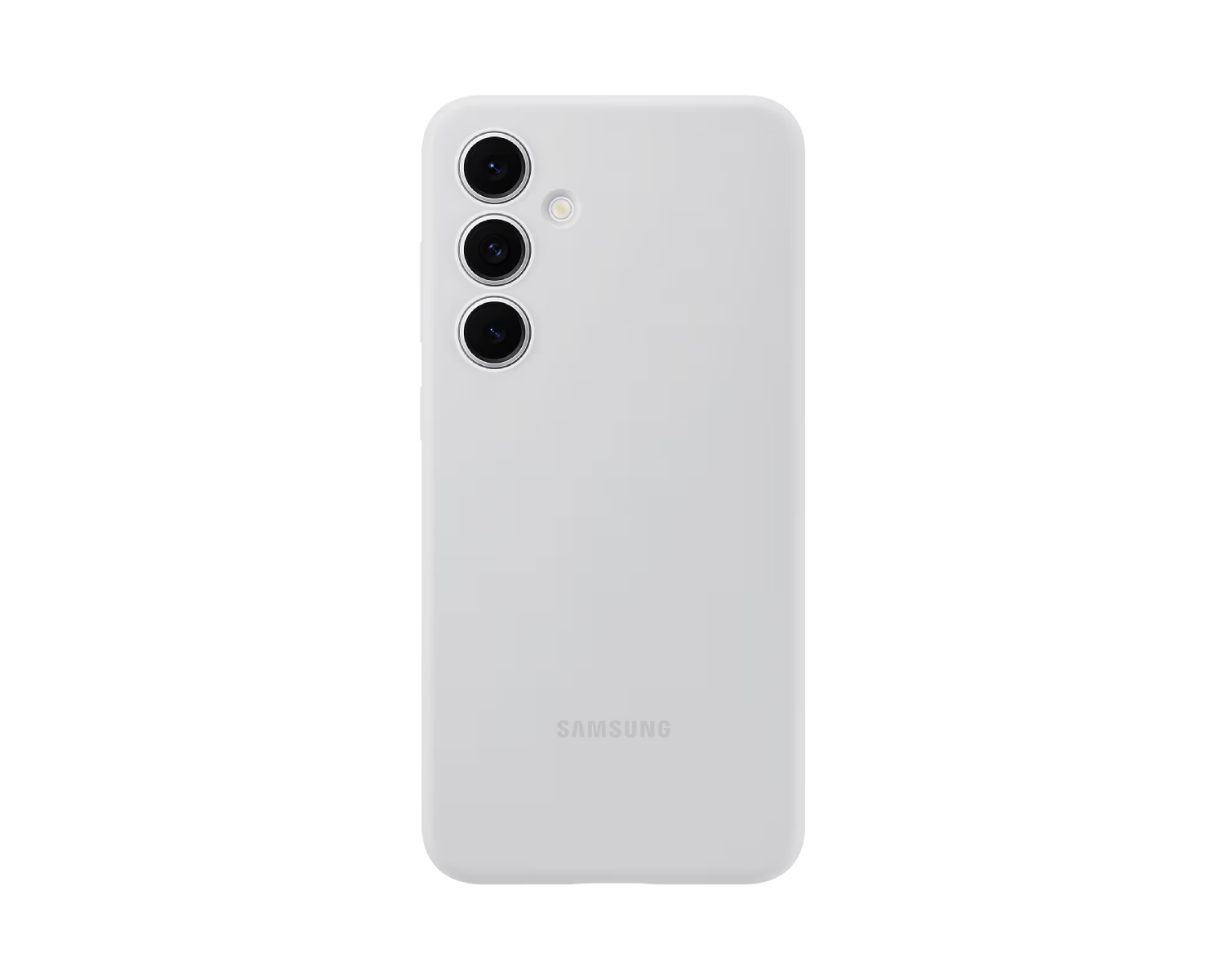 Un teléfono blanco con tres cámaras, el logotipo de Samsung, sobre un fondo negro.