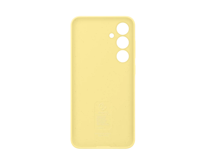 Funda de teléfono amarilla con tres recortes de cámara y logo de marca.