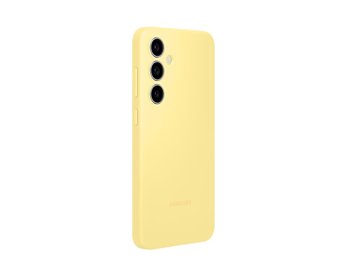 Smartphone amarillo, vista trasera, con tres lentes de cámara. Fondo negro.