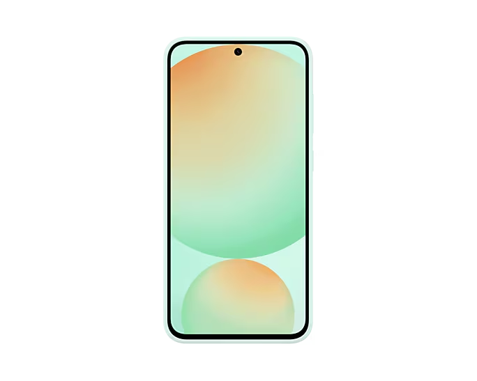 Smartphone con fondo degradado verde y naranja. El teléfono está centrado en un fondo negro.