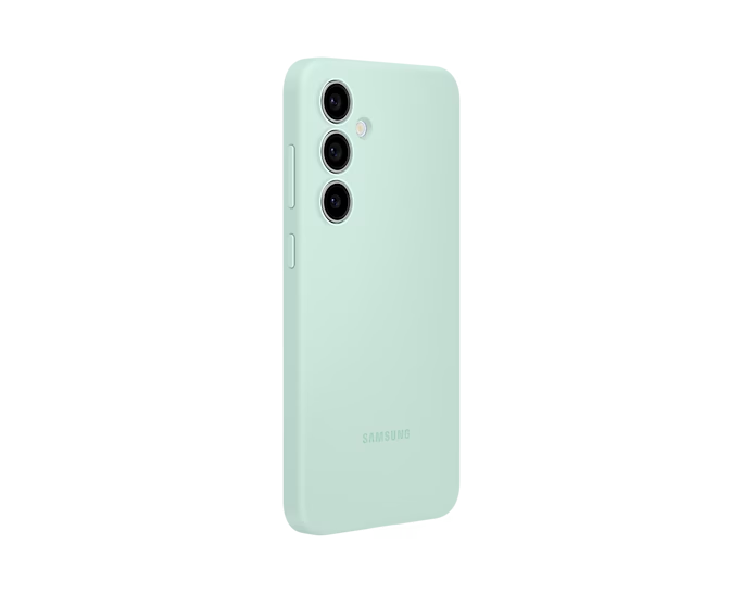 Teléfono Samsung verde menta, vista trasera, con tres lentes de cámara, sobre fondo negro.