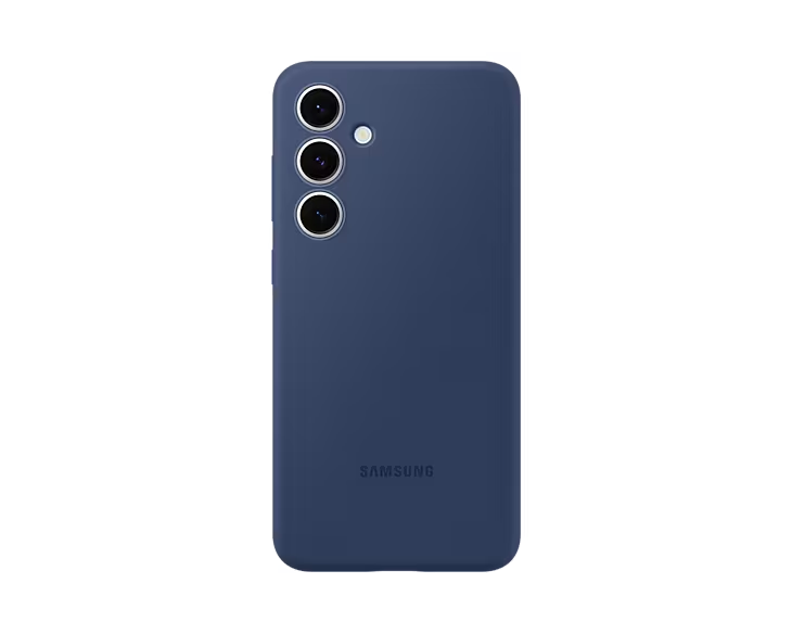 Funda de teléfono azul oscuro con tres recortes de cámara, logo Samsung abajo. Fondo negro.