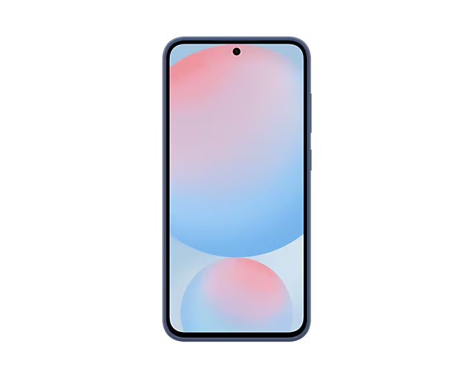 Smartphone azul con fondo degradado y botón rojo lateral.