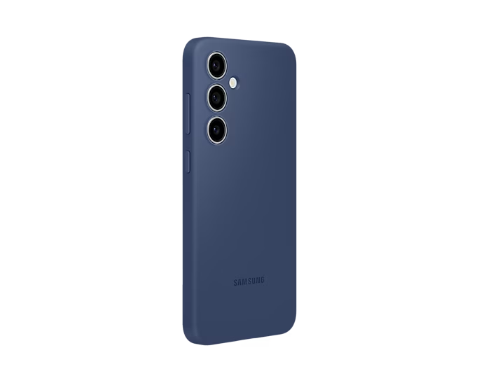 Funda azul para teléfono con tres lentes de cámara. La funda tiene el logo de Samsung.