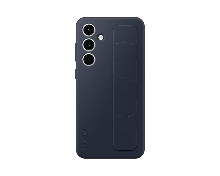 Funda de teléfono azul oscuro con tres lentes de cámara y una banda de agarre vertical.