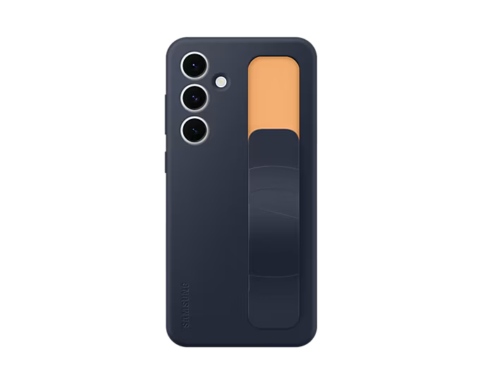 Funda de teléfono azul oscuro con tres cámaras y un agarre naranja en la parte trasera. SAMSUNG es visible.