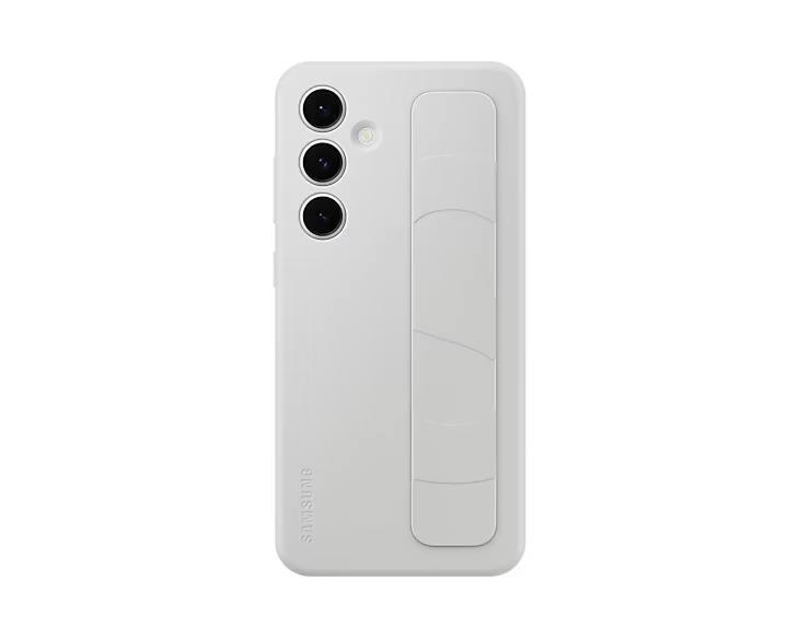 Funda de teléfono blanca con correa de agarre y tres lentes de cámara.