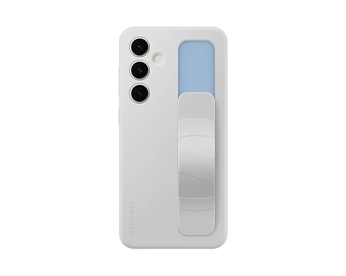 Una funda blanca para teléfono con soporte plateado se muestra sobre fondo negro.