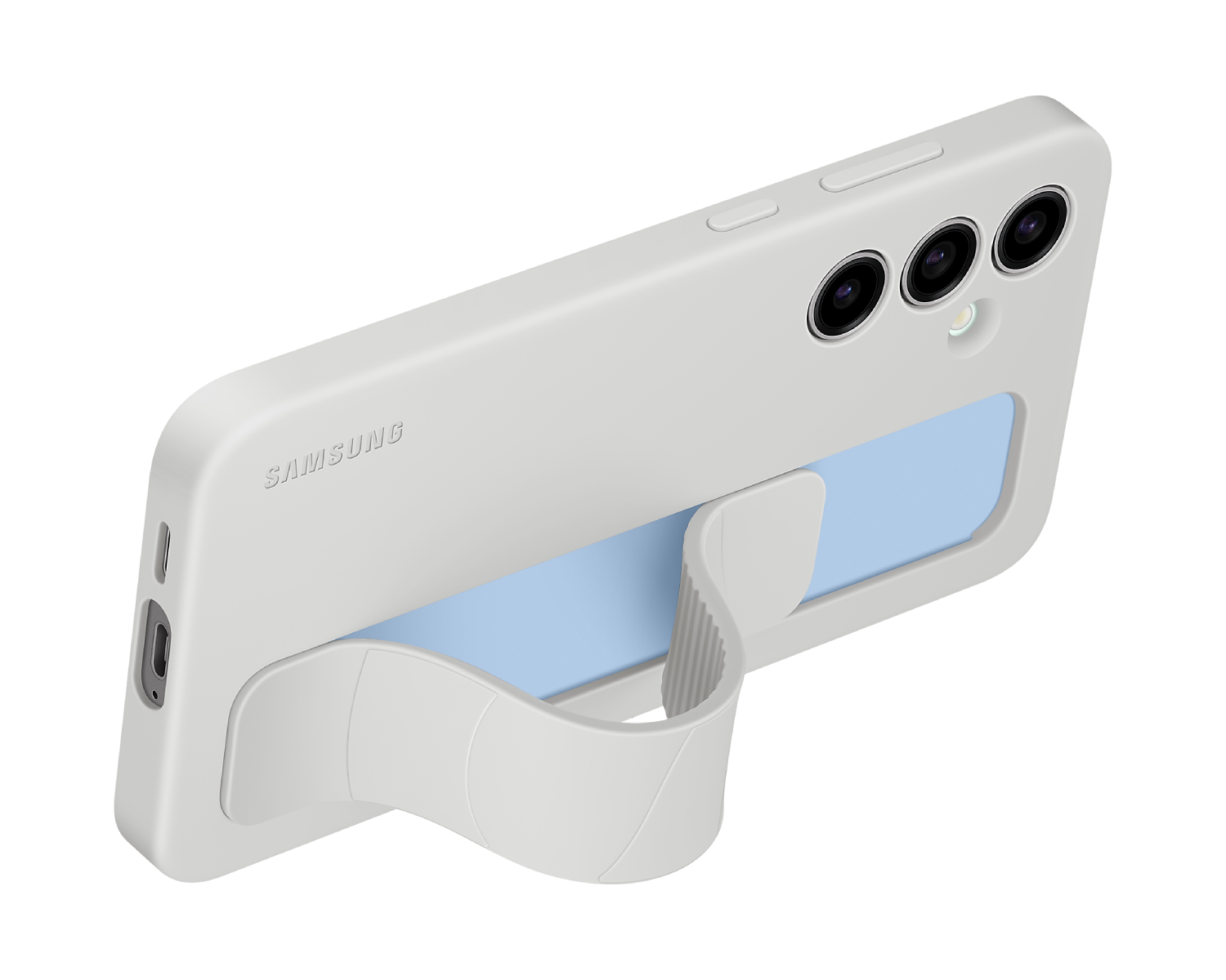 Una funda de teléfono blanca con soporte y tres lentes de cámara.