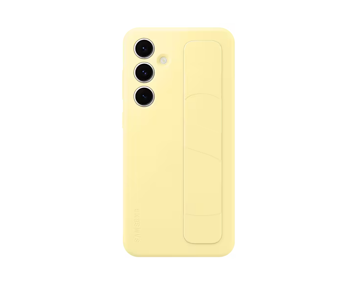 Funda de teléfono amarilla con correa en la parte trasera. Tiene tres cámaras.