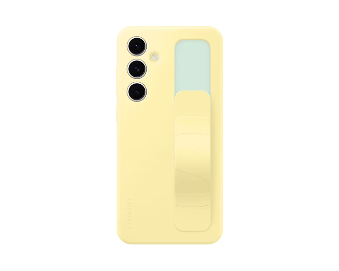 Funda de teléfono amarilla, vista trasera, con tres lentes y soporte.