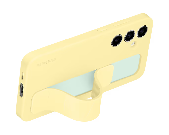 Funda de teléfono con soporte. La funda es amarilla, el soporte es verde claro.