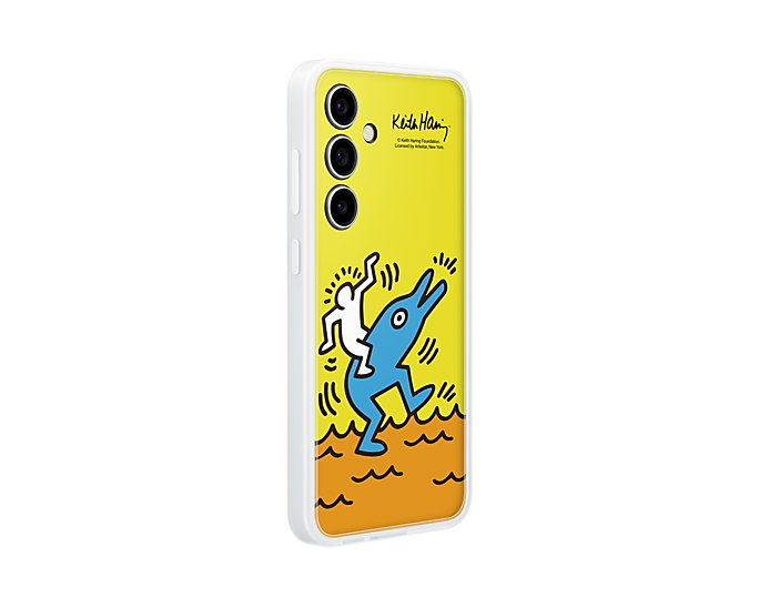 Un teléfono Samsung con un diseño colorido de Keith Haring en la parte trasera. Borde blanco.