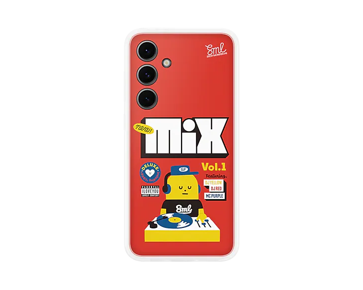 Funda roja para teléfono con diseño de dibujos animados y borde blanco.