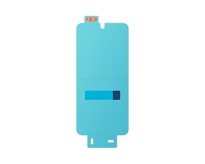 Un embalaje de protector de pantalla azul. Dos lados plegados y una barra.